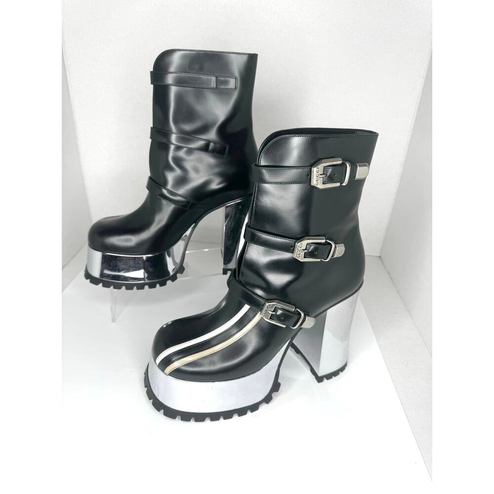 Gucci Platform Ankle Boots Black Leather Stripe Block Heel Chic Size EU 39 - Picture 11 of 12